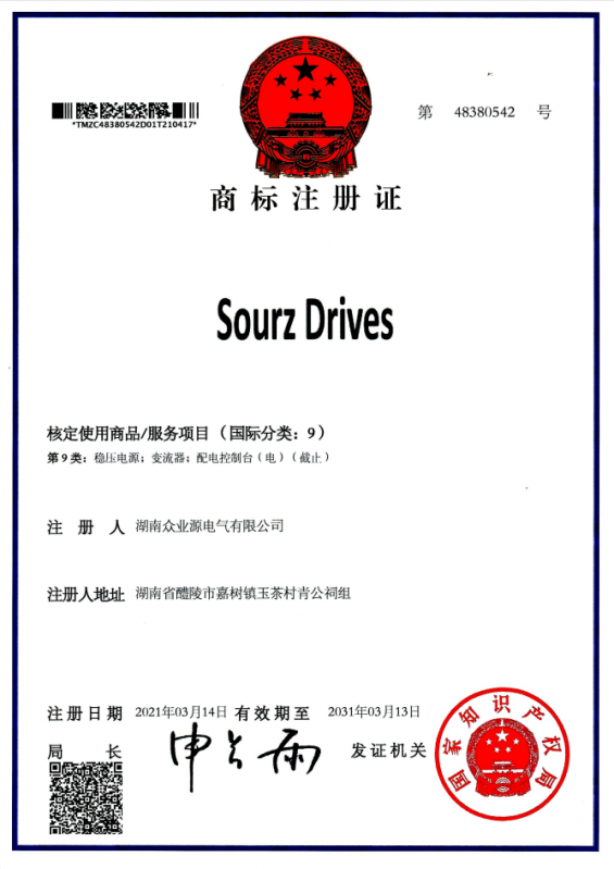 SOURZ商标注册证书